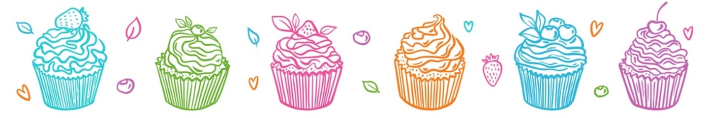 Vector horizontal pattern from a collection of cupcakes, muffins hand-drawn in the style of doodles