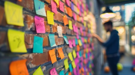 Fototapeta premium Colorful Sticky Notes on Brick Wall with Person