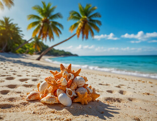 Obraz premium A beach in a tropical vacation destination with palm trees and clear blue sea. Seashells on the beach.