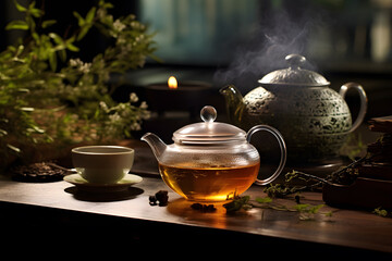 A glass teapot with prepared tea is prepared for the afternoon guests. Concept: International Tea Day, May 21