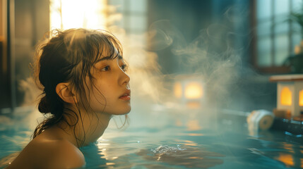 Witness the peaceful ambiance of dusk as a young Japanese woman indulges in an onsen soak, enveloped by rising steam in a serene setting.