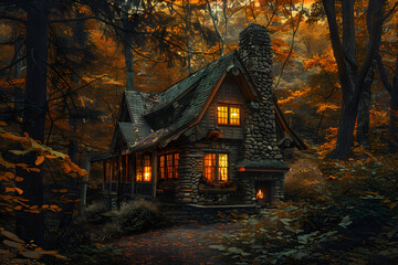 Rustic Cottage at Sunset: A Serene Tale of Woodland Tranquility