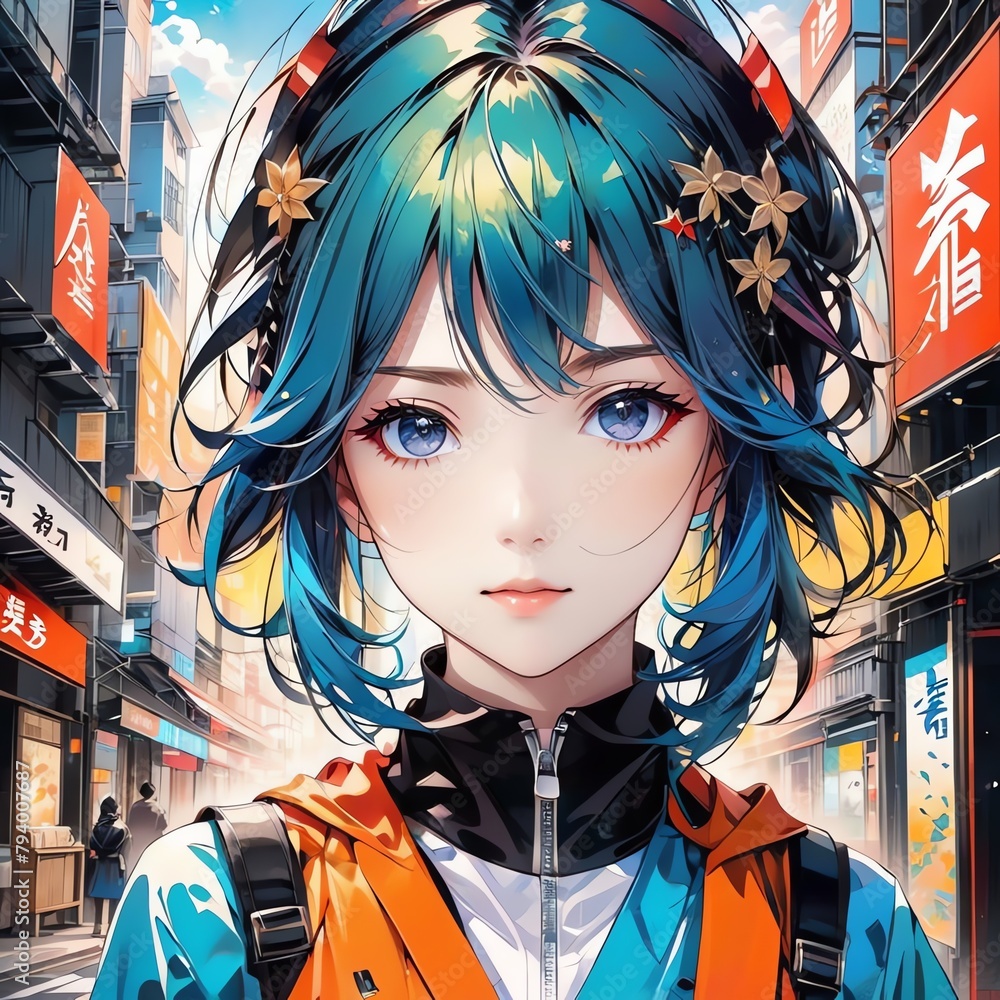 Sticker a portrait of an anime-girl, and street view. good for books or articles illustration, calendars des