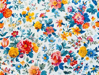A pattern of colorful flowers on a white background.
