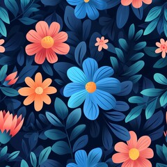 Fototapeta na wymiar A seamless pattern of cartoon flowers and leaves on a dark blue background.