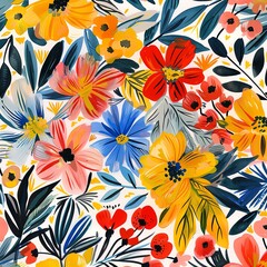 A seamless pattern of colorful flowers and leaves in a loose painterly style.