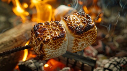 Fototapeta premium A marshmallow is being cooked over an open fire.