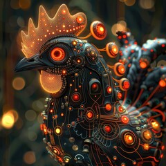 Advanced Black Mechanical Chicken Soaring in an Afrofuturistic Digital Landscape