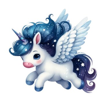 Cute Star Unicorn flying with wings Watercolor clipart