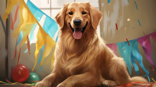 b'A Golden Retriever sits in a room decorated with colorful streamers and balloons'
