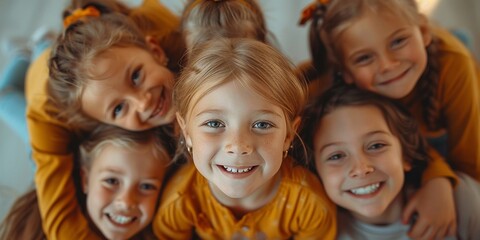 Fototapeta premium Bunch of cheerful joyful cute little children playing together and having fun. Group portrait of happy kids huddling, looking down at camera and smiling. Low angle, view from below. Friendship concept
