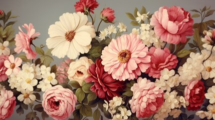 b'A beautiful painting of a variety of flowers including pink and white roses, zinnias, and daisies.'