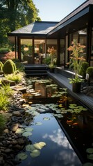 Fototapeta na wymiar b'A tranquil garden with a pond, plants, and a house in the background'