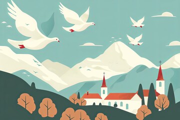 A tranquil scene with doves soaring above a quaint church at sunrise, embodying peace and harmony in nature.