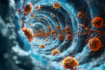 Intricate Visualization of Microscopic Bile Duct Transport Dynamics in Vivid Abstract Style