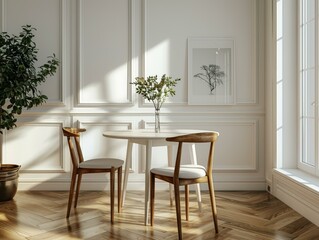 Simple and bright dining room with round wooden table and two chairs by the window
