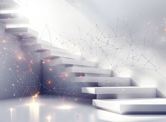 Abstract white stairs going up with a glowing network of lines and dots in the background