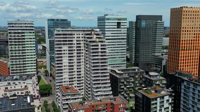 Aerial Pan Flying Over Amsterdam Zuidas Financial District