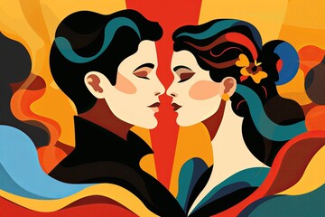 A romantic, abstract illustration of a couple in a close embrace, surrounded by vibrant colors, depicting love and passion.