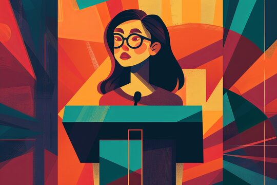 A poised speaker delivers a message, framed by an abstract, dynamic background, symbolizing the power of ideas and expression.