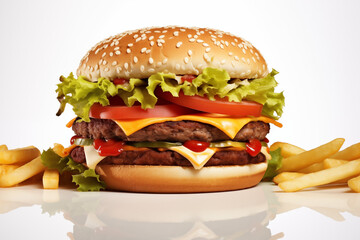 Hamburger with fries on white background. Fast food related topics. Topics related to malnutrition....