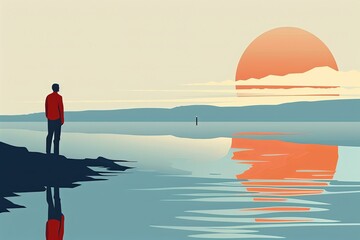 A solitary figure in a vibrant orange hoodie reflects upon a tranquil waterscape, evoking themes of solitude and contemplation. - obrazy, fototapety, plakaty
