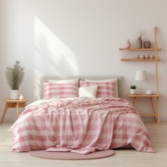 b'A cozy pink and white bedroom with a gingham duvet cover and a round pink rug'