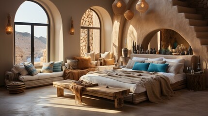b'Earthy Moroccan Bedroom With Stone Walls and Arched Windows'