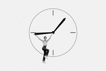 Sketch 3D photo collage of black white silhouette young strong lady work remote stand at huge clock...