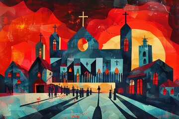 A haunting illustration of a church village under a twilight sky, infused with red hues that suggest mystery and reverence. - obrazy, fototapety, plakaty