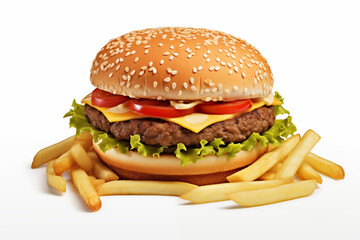 Hamburger with fries on white background. Fast food related topics. Topics related to malnutrition. Job offer. Image for graphic designer. Image for flyers.