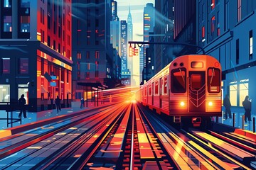 This vibrant artwork captures a city train streaking through a bustling metropolis at sunset, with radiant light filling the scene.