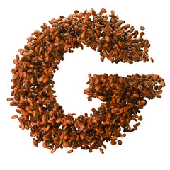 Capital letter G, made from coffee beans. Coffee font. Alphabet made from coffee beans. Transparent background.