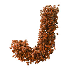 Capital letter J, made from coffee beans. Coffee font. Alphabet made from coffee beans. Transparent background.