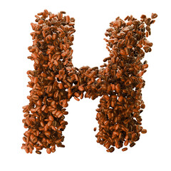 Capital letter H made from coffee beans. Coffee font. Alphabet made from coffee beans. Transparent background.
