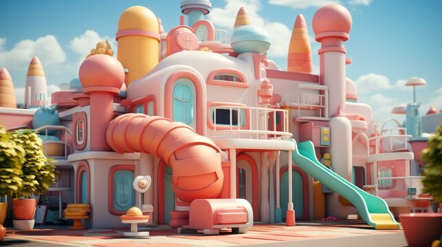b"A whimsical and colorful 3D illustration of a child's playhouse"