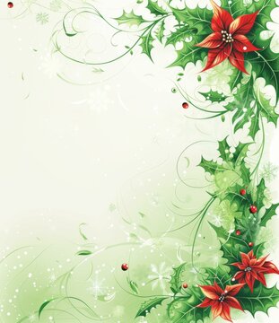 b'Christmas poinsettia and holly background'