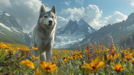 Loyal Husky Commands Attention as Guardian of Vast FlowerFilled Alpine Meadow on a Wintry Day - obrazy, fototapety, plakaty