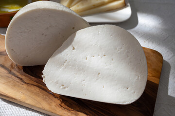 Freshly strained white soft goat cow sheep milk cheese, young Spanish cheese