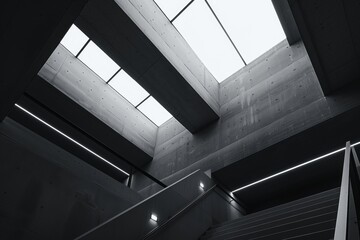 A monochrome capture of light streaming through skylights in a concrete building, perfect for themes of modern architecture and design contrast.

