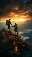 b'Two hikers holding hands and standing on a mountain peak enjoying the sunset'