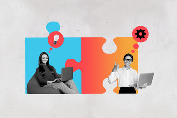 Trend artwork composite photo collage of black white colleagues boss lady coworking in match puzzle...