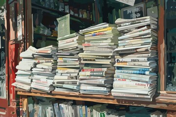 A colorful stack of newspapers on a newsstand, ready to be read by passersby - obrazy, fototapety, plakaty