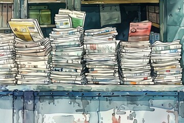 A colorful stack of newspapers on a newsstand, ready to be read by passersby - obrazy, fototapety, plakaty