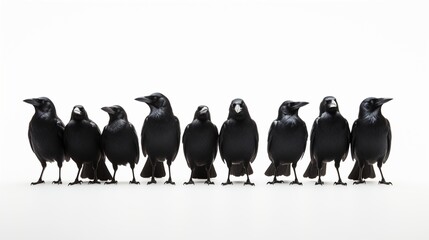 "Elegant Black Crows Standing Out Against a White Background, Photographed in Crisp HD Clarity."