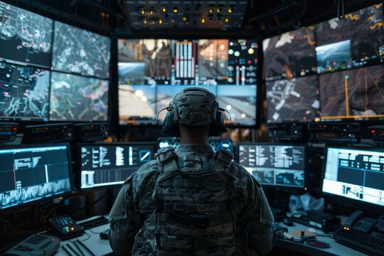 b'Soldier in a military control room surrounded by screens'