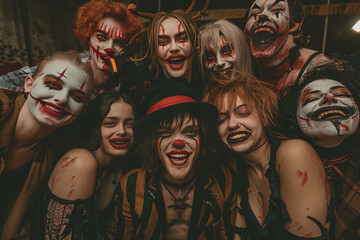 Cheerful young people dressed up as crazy witches, demons, vampires, having fun at a Halloween party.