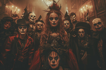 Cheerful young people dressed up as crazy witches, demons, vampires, having fun at a Halloween party.