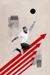 Trend artwork sketch image 3D photo collage of hipster man fly up raise like superman on huge five...