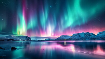 b'Aurora borealis landscape with mountains and lake'